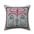 18" Square Cotton & Linen Pillow with Staffordshire Dog Scene, Embroidery & Velvet Back
