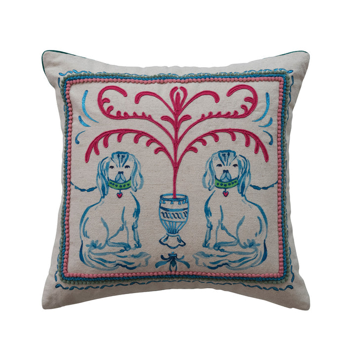 18" Square Cotton & Linen Pillow with Staffordshire Dog Scene, Embroidery & Velvet Back