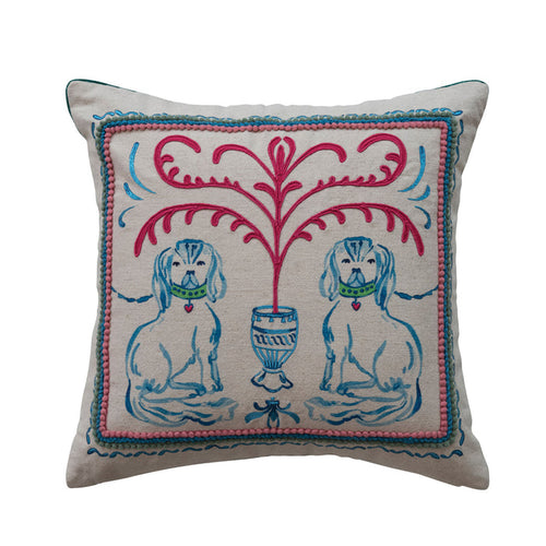 18" Square Cotton & Linen Pillow with Staffordshire Dog Scene, Embroidery & Velvet Back