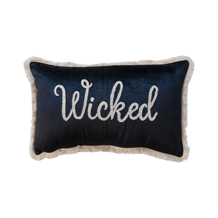 Cotton Velvet Lumbar Pillow with Embroidery and Fringe by Creative Co-Op