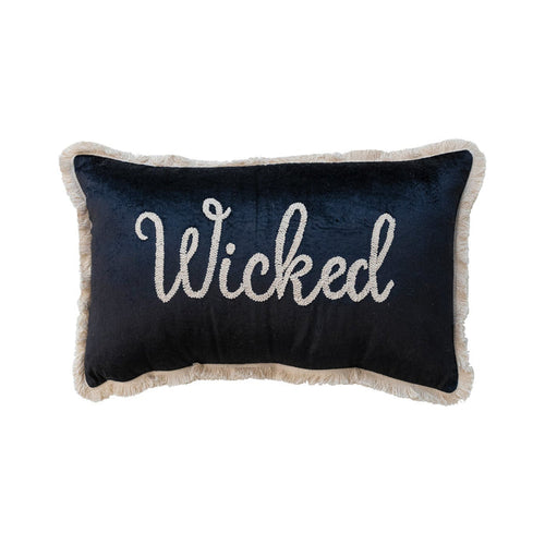 Cotton Velvet Lumbar Pillow with Embroidery and Fringe by Creative Co-Op