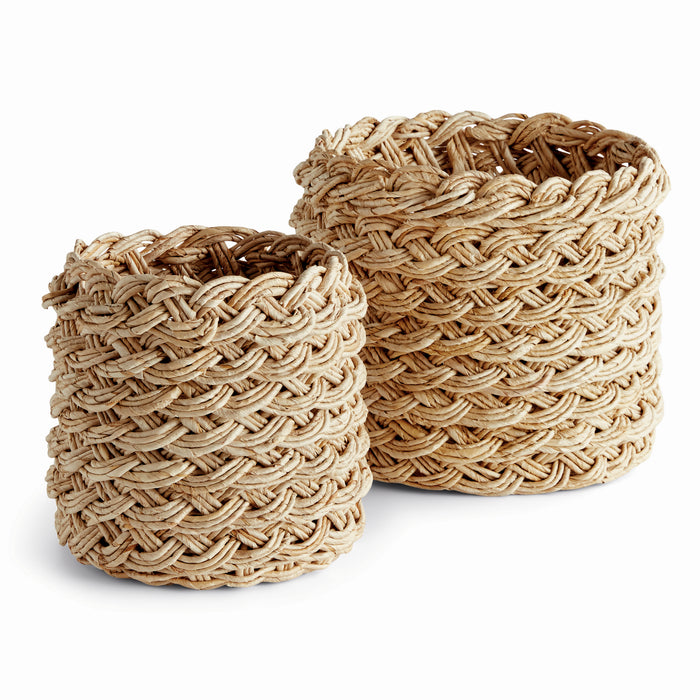 Abaca French Braid Storage Baskets Round, Set Of 2