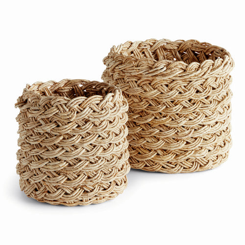 Abaca French Braid Storage Baskets Round, Set Of 2