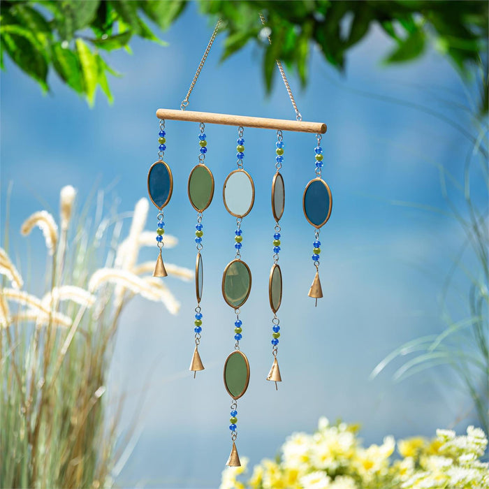 Blue Coastal Wind Chime, Wood and Glass, Multicolor
