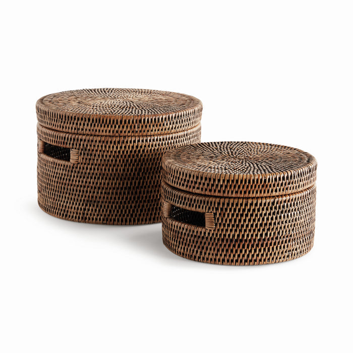 Burma Rattan Round Lidded Boxes, Set Of 2