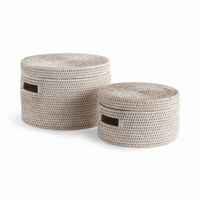 Burma Rattan Round Lidded Boxes, Set Of 2