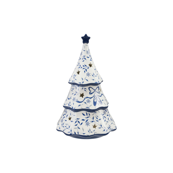Ceramic Tree with Design, Star Cut-Outs & LED Light, White & Blue