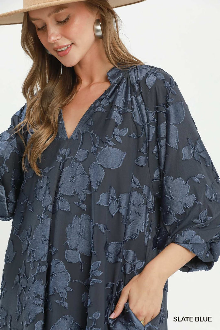 Umgee C6427 Velvet Babydoll Mini Dress – Slate Blue with Pockets - View 2
