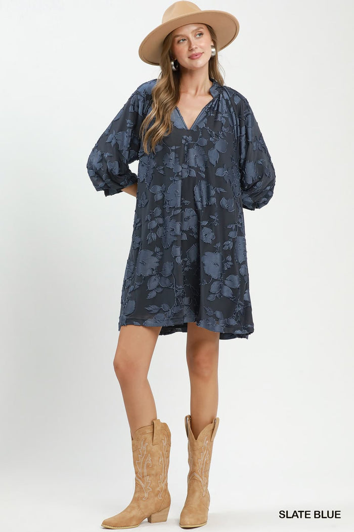 Umgee C6427 Velvet Babydoll Mini Dress – Slate Blue with Pockets - View 3