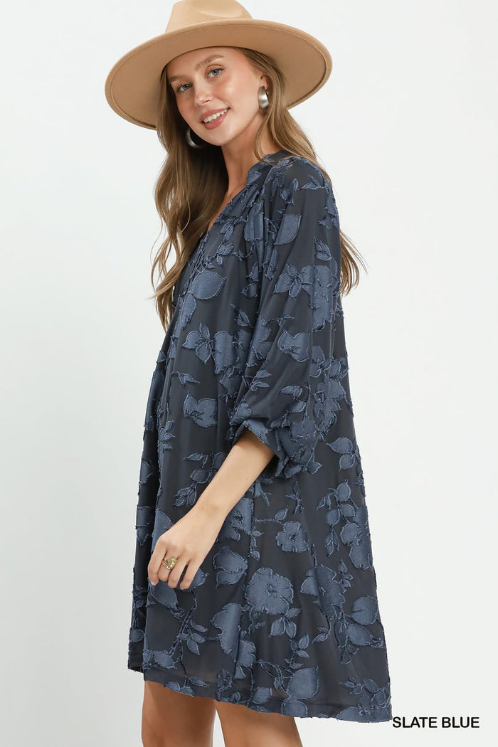 Umgee C6427 Velvet Babydoll Mini Dress – Slate Blue with Pockets - View 4
