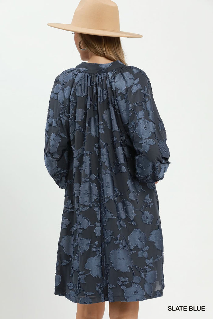 Umgee C6427 Velvet Babydoll Mini Dress – Slate Blue with Pockets - View 5