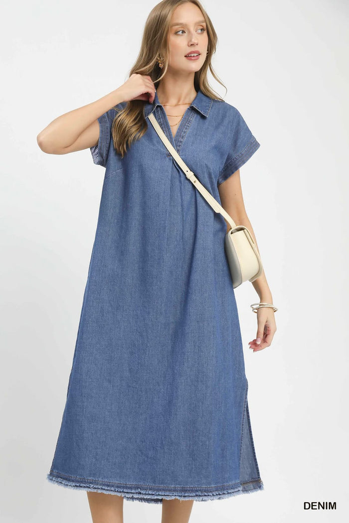 Umgee K2079 Stone Washed Denim Collared Midi Dress - Size S