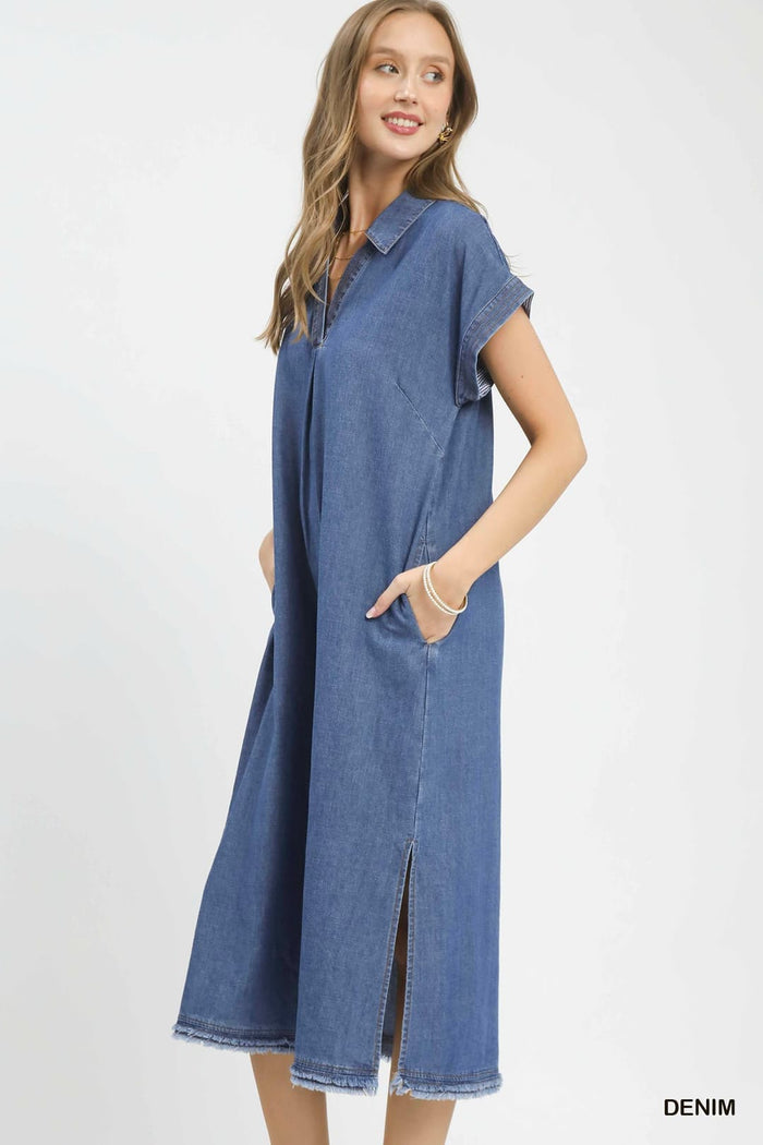 Umgee K2079 Stone Washed Denim Collared Midi Dress - View 2
