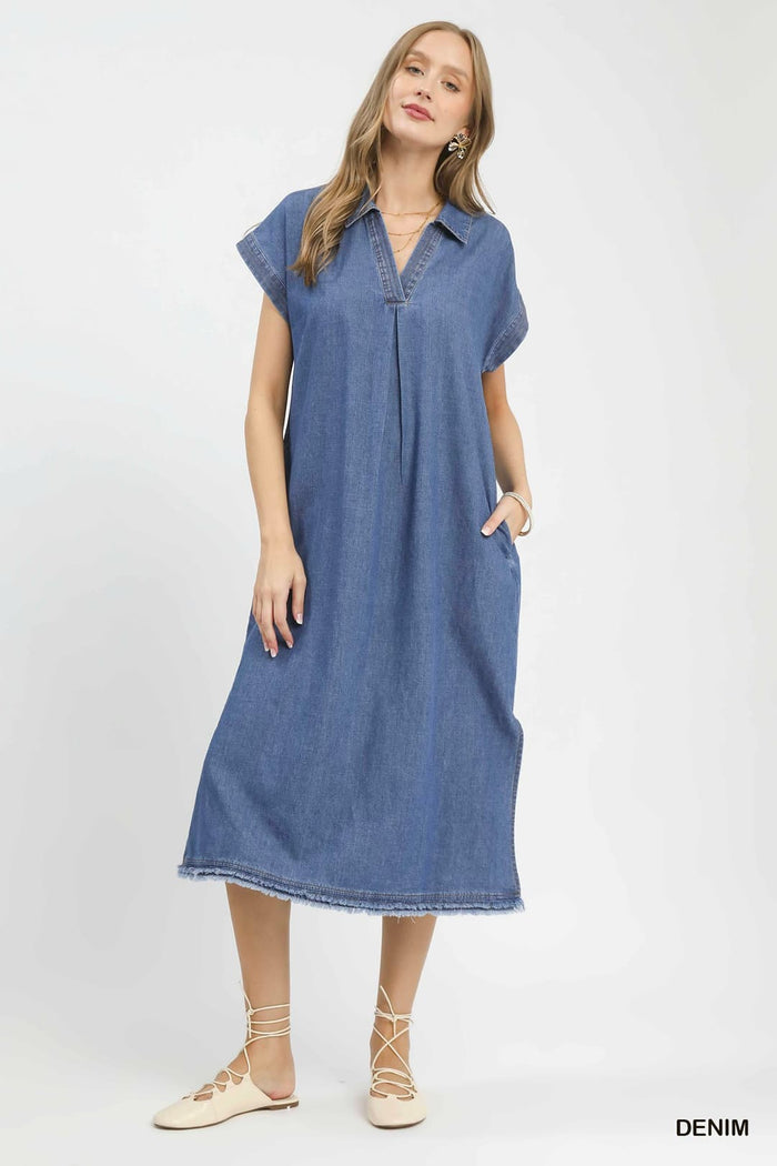 Umgee K2079 Stone Washed Denim Collared Midi Dress - View 3