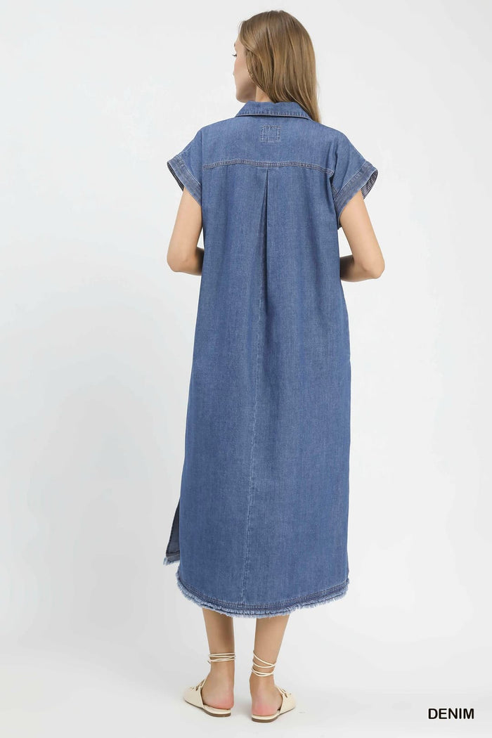 Umgee K2079 Stone Washed Denim Collared Midi Dress - View 5