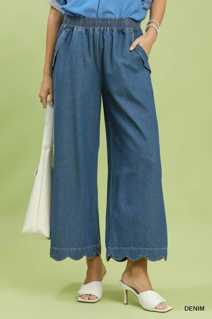 Umgee C6407-P Chambray Scalloped Hem Wide-Leg Pants – Indigo - Size S