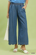 Umgee C6407-P Chambray Scalloped Hem Wide-Leg Pants – Indigo - Size S