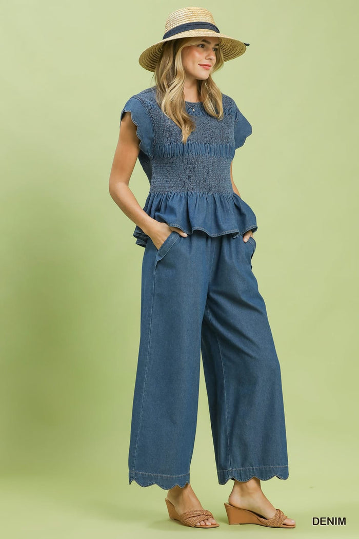 Umgee C6407-P Chambray Scalloped Hem Wide-Leg Pants – Indigo - View 2
