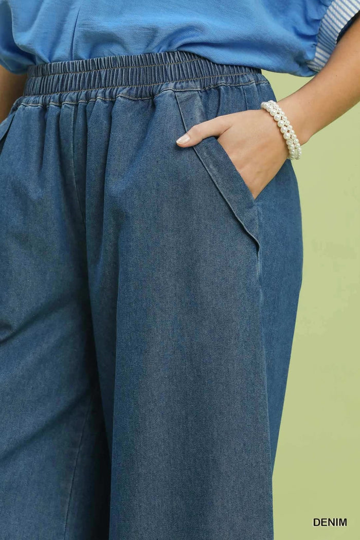 Umgee C6407-P Chambray Scalloped Hem Wide-Leg Pants – Indigo - View 3