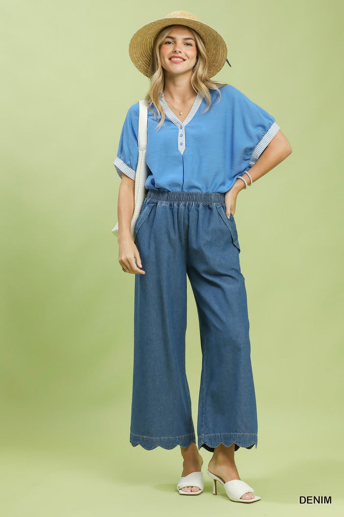 Umgee C6407-P Chambray Scalloped Hem Wide-Leg Pants – Indigo - View 4