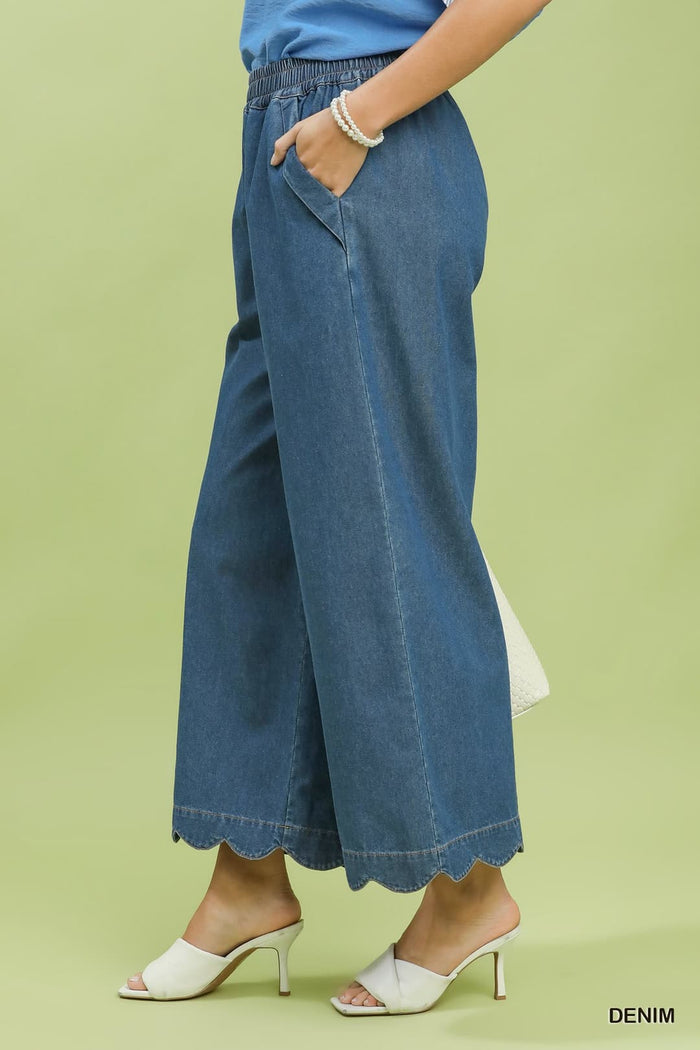 Umgee C6407-P Chambray Scalloped Hem Wide-Leg Pants – Indigo - View 5
