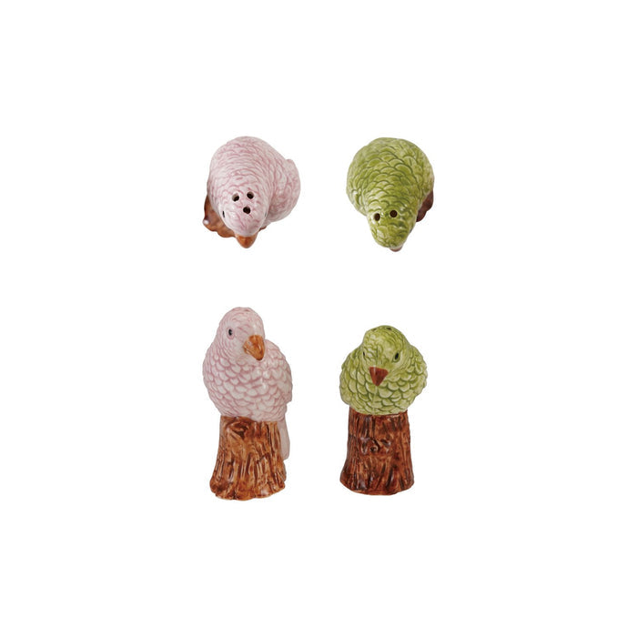 Hand-Painted Stoneware Parrot Shaped Salt & Pepper Shakers, Green, Pink & Brown, Set of 2