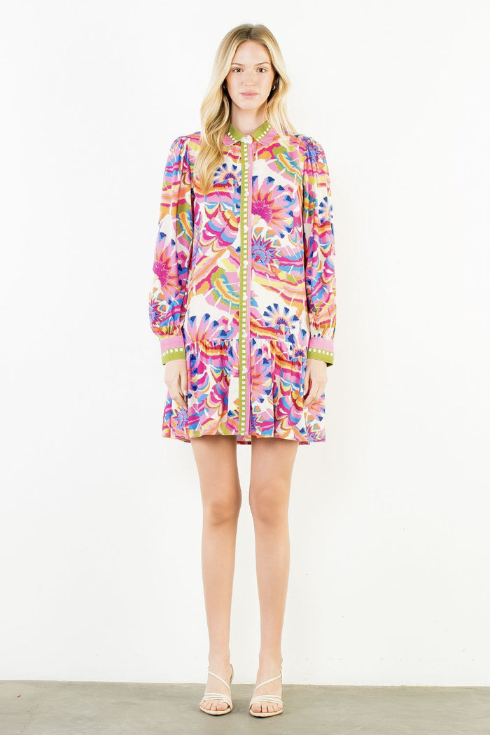 Kimberly Long Sleeve Pattern Button Up Dress by THML - view 2