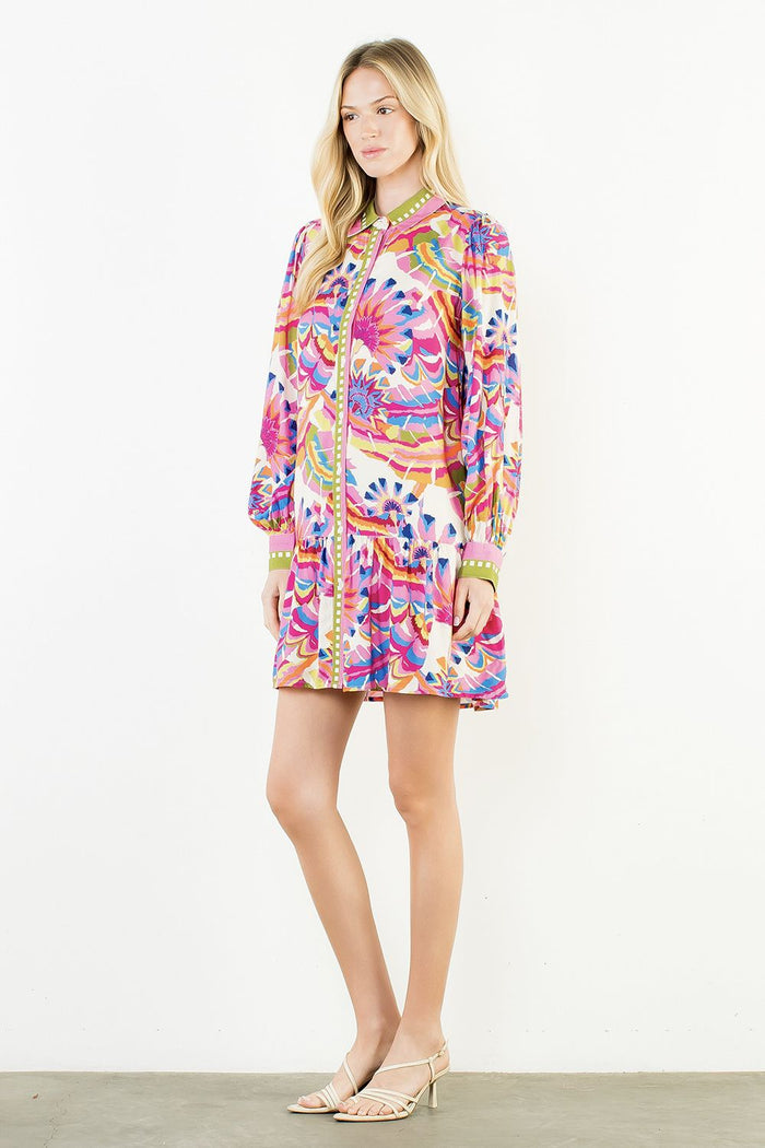 Kimberly Long Sleeve Pattern Button Up Dress by THML - view 3