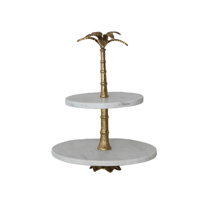 Marble 2-Tier Tray with Aluminum Palm Tree Shaped Handle, KD