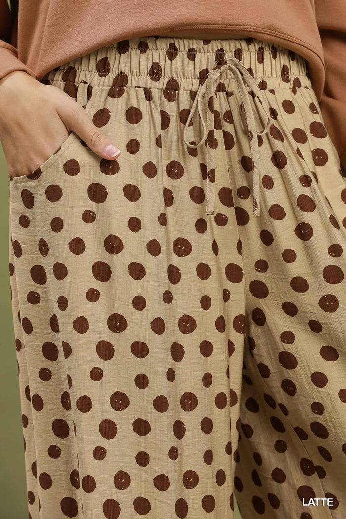 Umgee D1261 Polka Dot Wide-Leg Pants – Latte with Front Tie - Size S