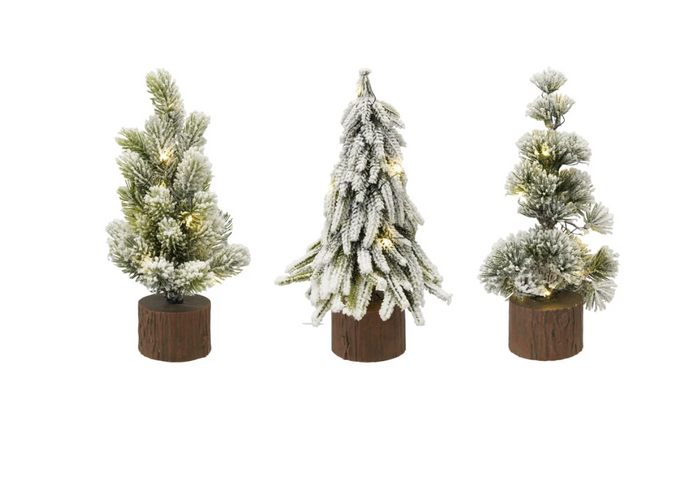 Plastic Tree with Faux Wood Slice Base & LED Light, Snow Finish, 3 Styles