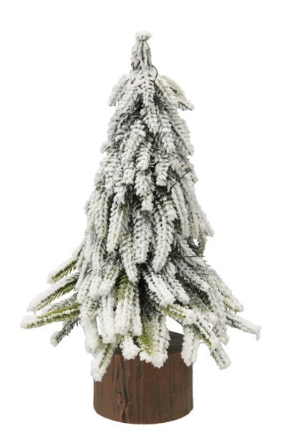 Plastic Tree with Faux Wood Slice Base & LED Light, Snow Finish, 3 Styles