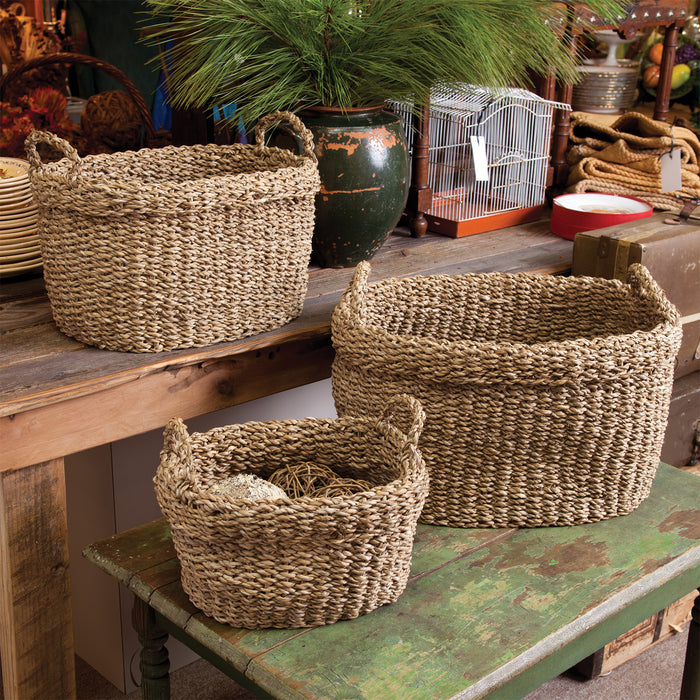 Seagrass Oval Baskets With Handles, Set Of 3 - View 2