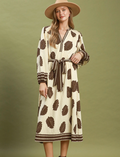 Sophia Leaf Print Belted Midi Dress – Cream Mix with Belt & Pockets