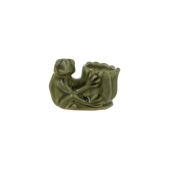 Stoneware Frog Holding Flower Shaped Vase, Green (Each One Will Vary)