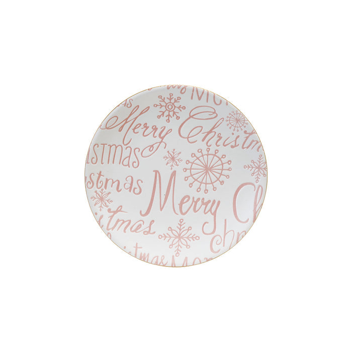 Stoneware Plate with Gold Color Rim "Merry Christmas", Pink & White by Creative Co-Op