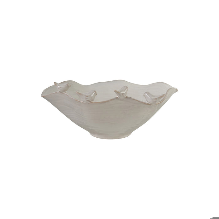 Stoneware Ruffled Bowl W 3D Birds on Rim
