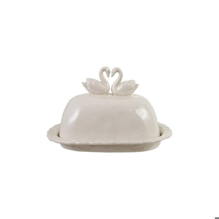 Stoneware Scalloped Butter Dish W Swans