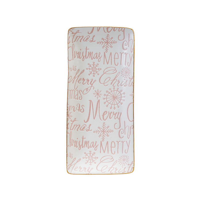 Stoneware Tray with Gold Color Rim "Merry Christmas", Pink & White