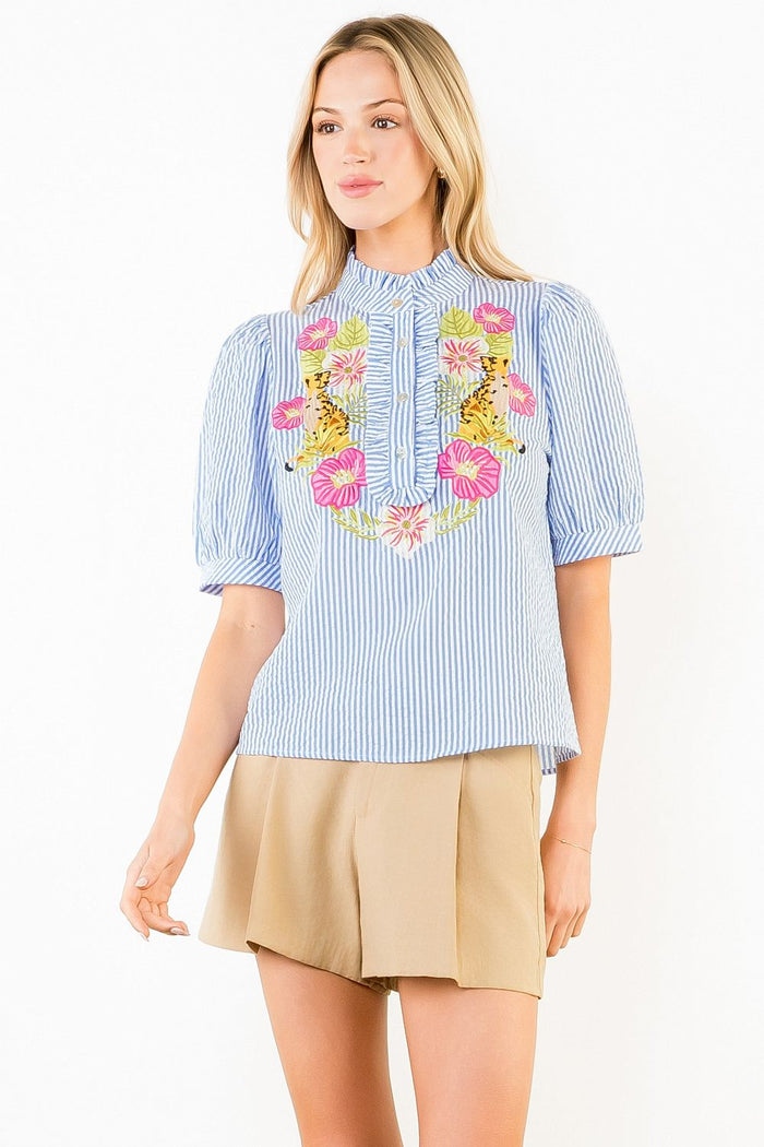 Tia  Detail Puff Sleeve Tiger Pattern Top by THML - view 2