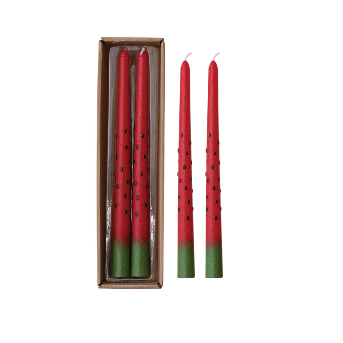 Unscented Watermelon Pattern Taper Candles in Box, Set of 2 (Est. Burn Time 5 Hours)