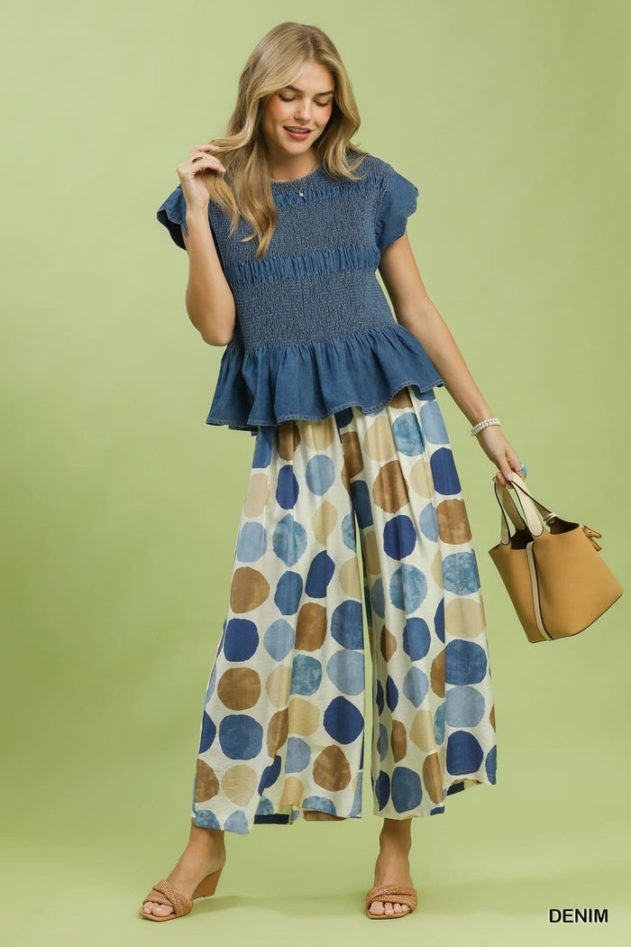 Umgee C6407-T Chambray Smocked Peplum Top – Indigo - View 4