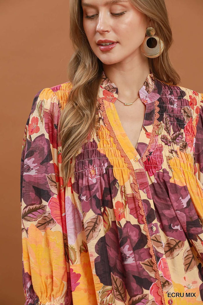 Umgee D1099 Floral Print Button-Down Smocked Blouse – Ecru Mix - Size S