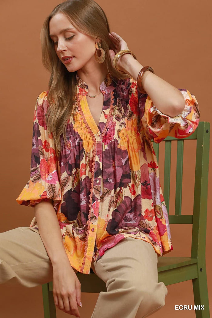 Umgee D1099 Floral Print Button-Down Smocked Blouse – Ecru Mix - View 2