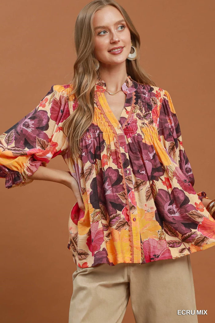 Umgee D1099 Floral Print Button-Down Smocked Blouse – Ecru Mix - View 3