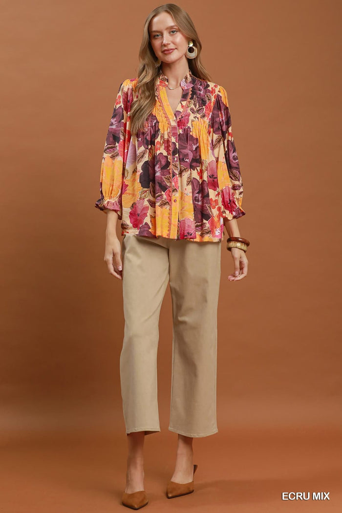 Umgee D1099 Floral Print Button-Down Smocked Blouse – Ecru Mix - View 4