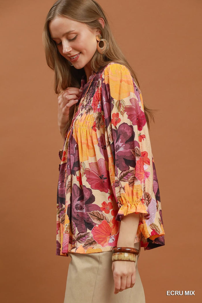Umgee D1099 Floral Print Button-Down Smocked Blouse – Ecru Mix - View 5